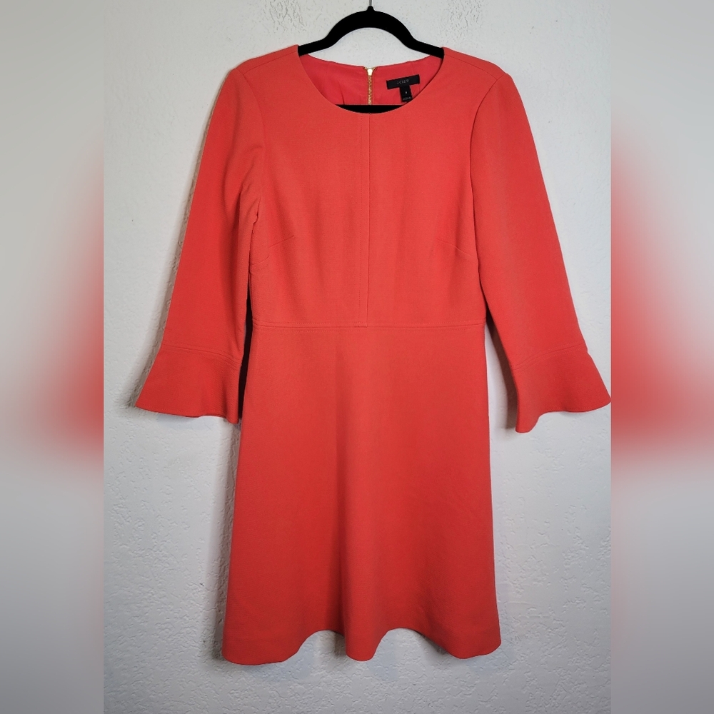 J. Crew Coral Crepe Sheath Dress Size 8 Bell Ruffle Sleeve Midi Textured Dress